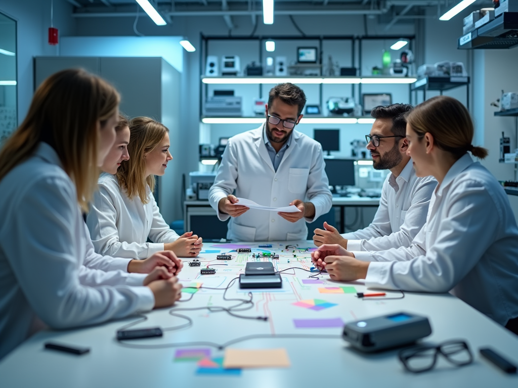 Team of engineers engaging in discussion in modern electronics lab.