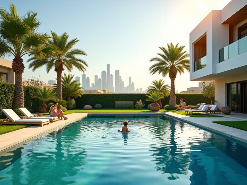 Luxury swimming pool with lounging people, palm trees, and city skyline in the background.