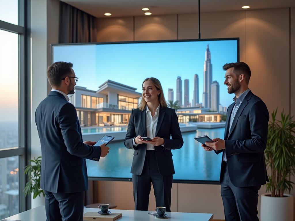 Three business professionals discussing with digital tablets in front of a screen displaying a cityscape.