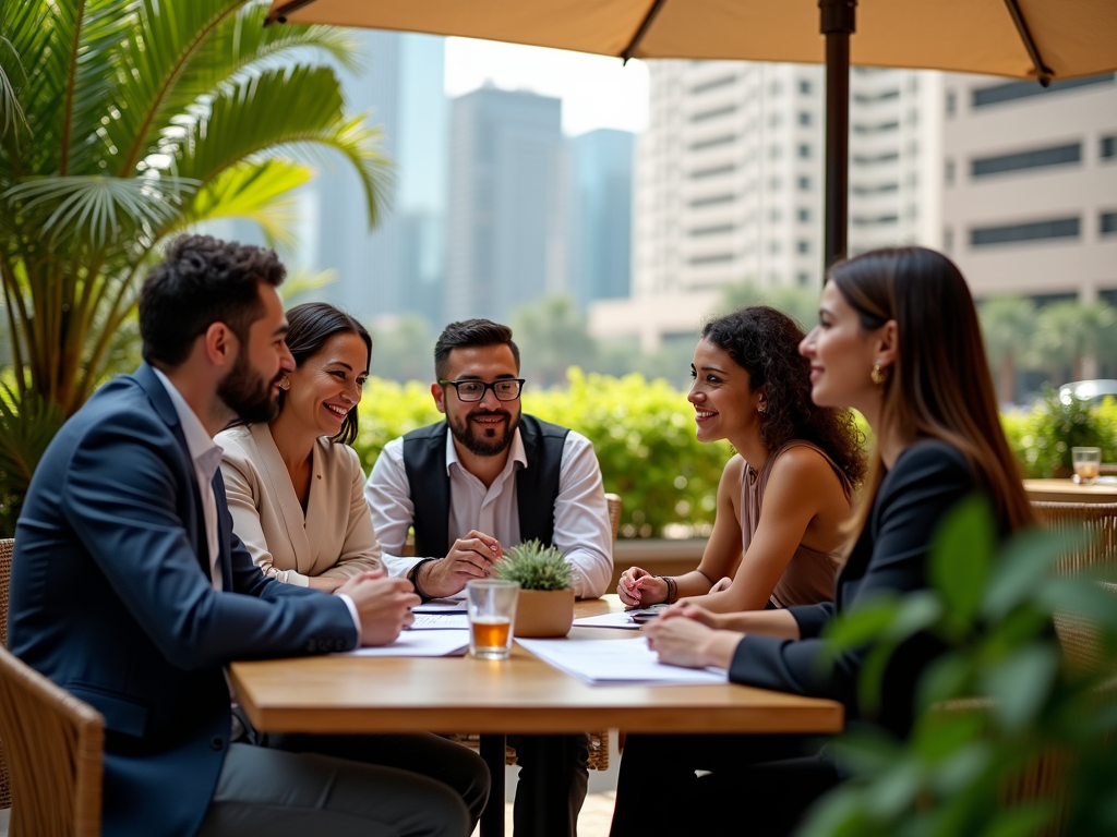 Five professionals in formal attire having a meeting at an outdoor table surrounded by greenery and city buildings.