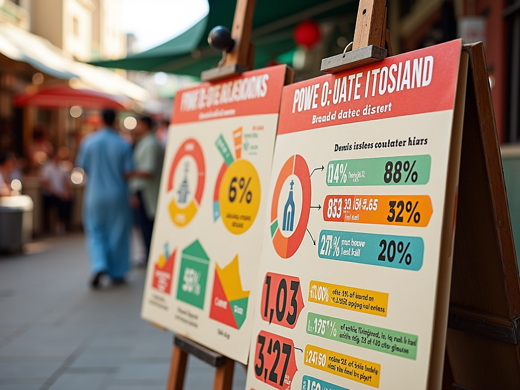 Infographic on easel displaying colorful charts and percentages, with blurred street scene in the background.