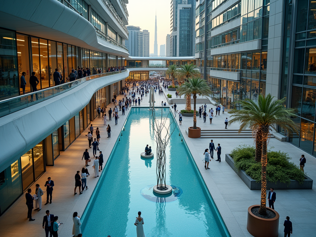 Modern outdoor shopping area with people walking and a blue water feature, surrounded by high-rise buildings.