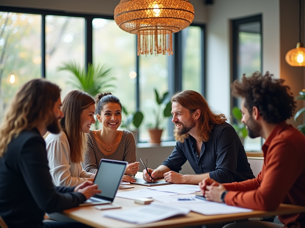 Five professionals smiling and discussing at a table in a bright office with large windows and hanging lamps.