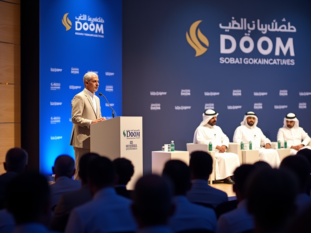 Man speaking at a podium with DOOM logo, panel of four seated men listening, in a conference hall.