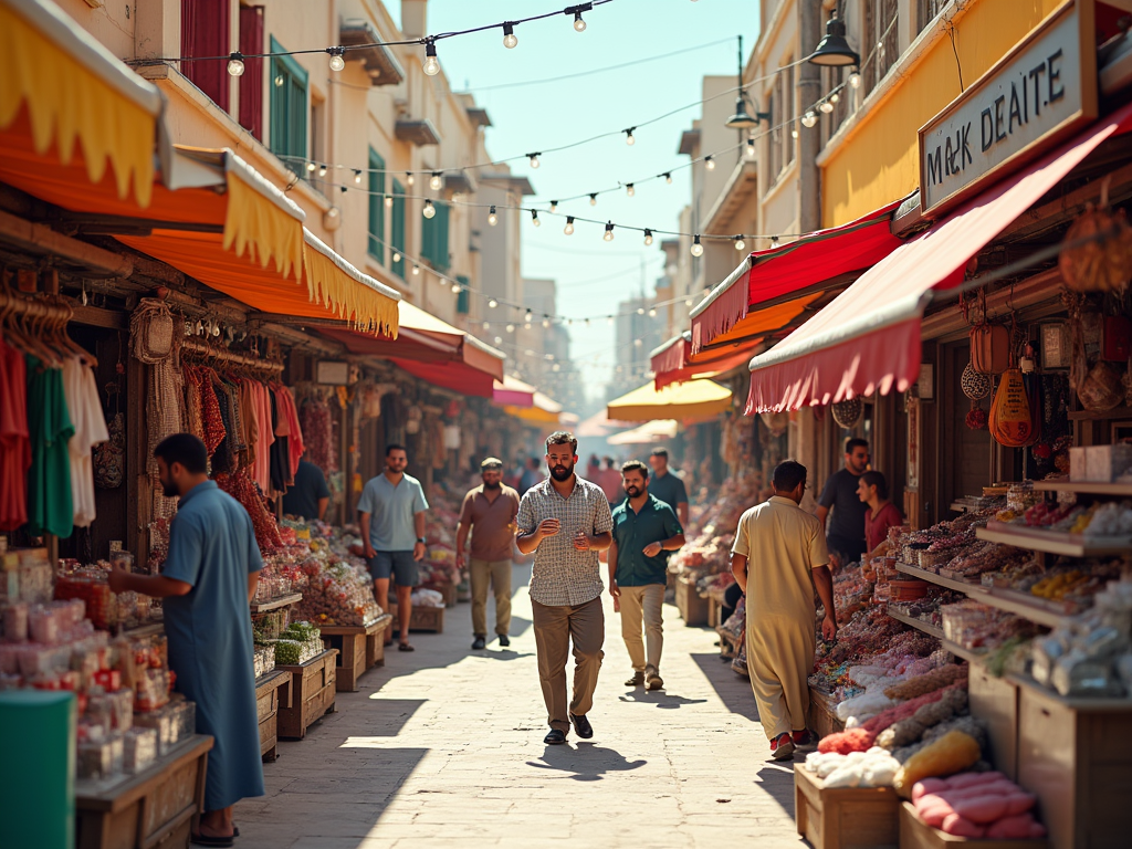 Vibrant street market scene with people walking and stalls lined with colorful goods under hanging lights.