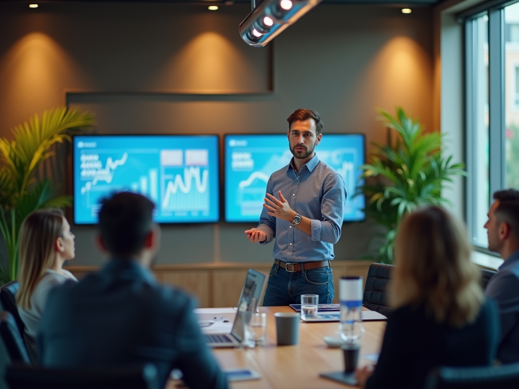 Man presenting financial data to colleagues in a modern office meeting room.