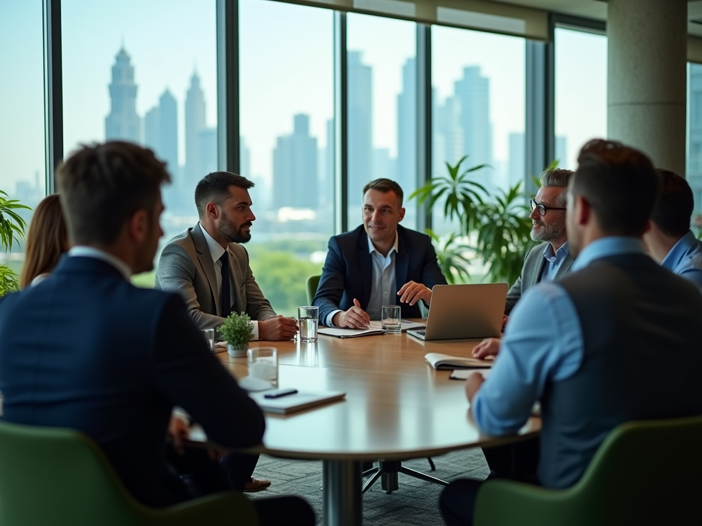 Businesspeople engaged in a meeting at a conference table with city skyline in the background.