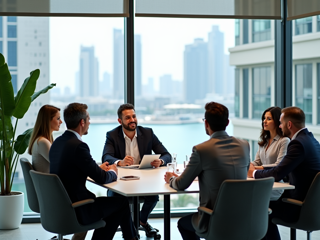 Group of five professionals in a meeting with cityscape view through large windows.