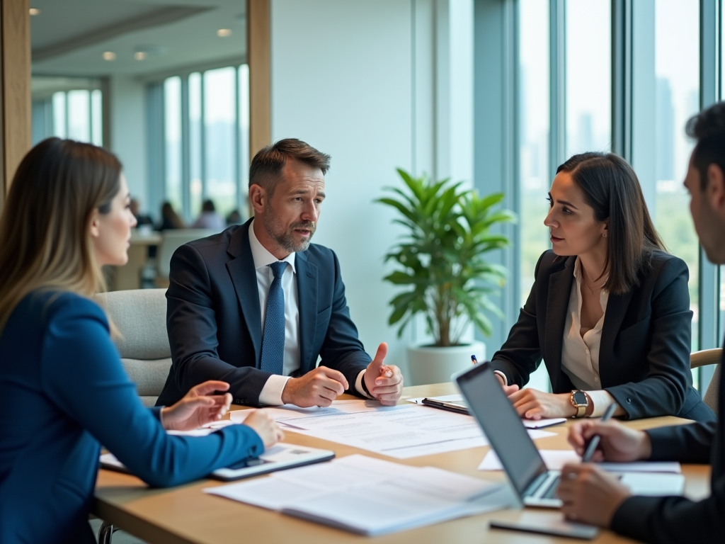 Four professionals discussing around a table in a modern office with cityscape view.