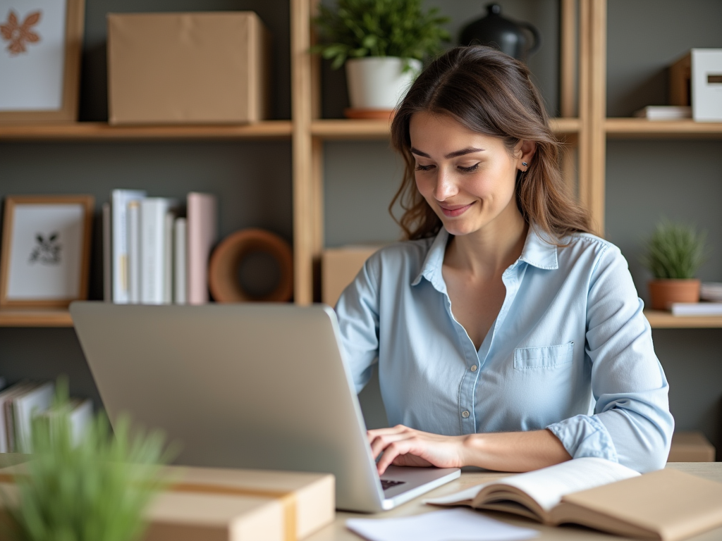 Woman working on a laptop in a cozy home office decorated with books and plants.