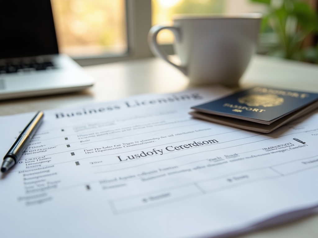 Business license application form on a desk with a pen, passport, cup of coffee, and laptop in the background.