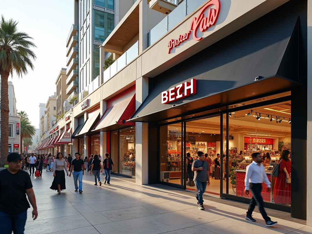 People walking along a shopping street lined with various stores, including "Pepper Vals" and "BEZH."