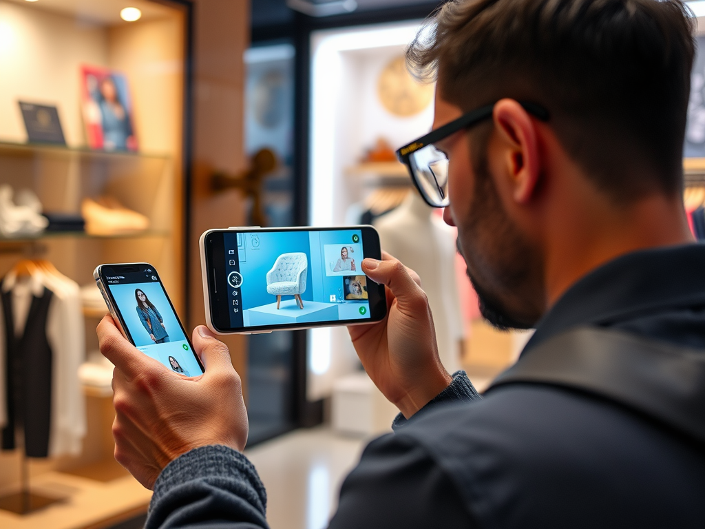 A person in a store uses two smartphones to capture images of a model and a piece of furniture on display.