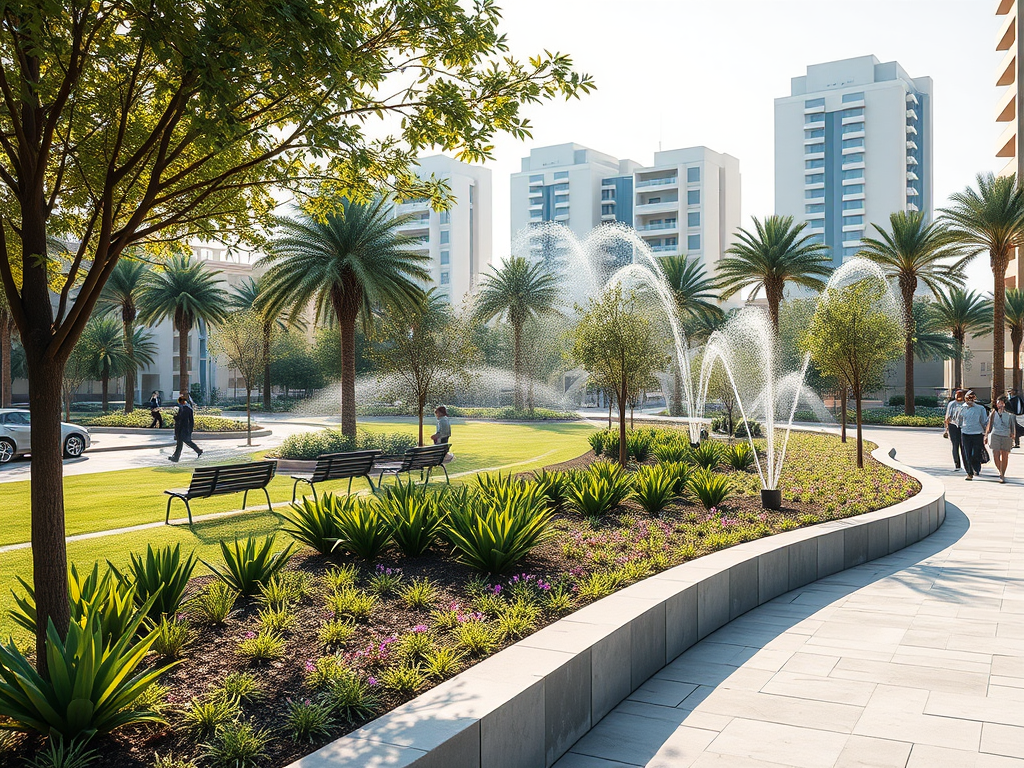 A landscaped area with palm trees, benches, and water fountains, surrounded by modern buildings and people walking.