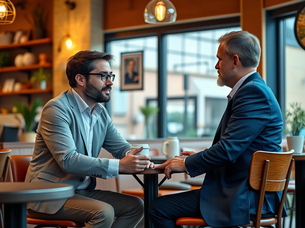 Two men in business attire engage in a conversation at a coffee shop, sitting across from each other at a table.