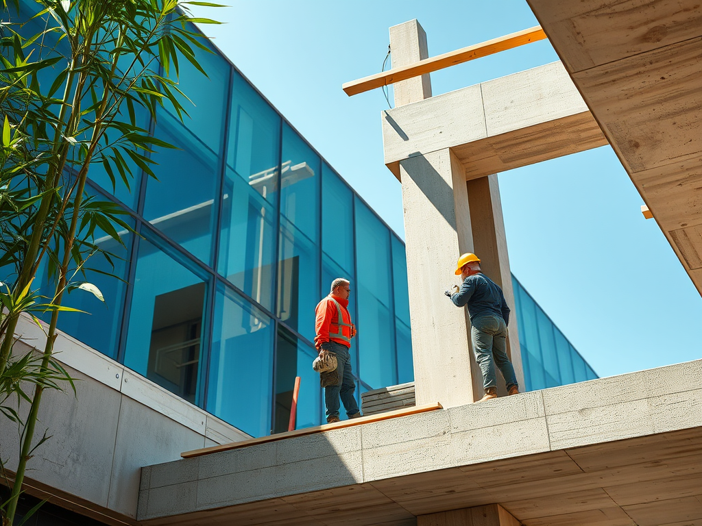 Two construction workers on site; one in an orange vest and the other in a yellow hard hat near concrete pillars.