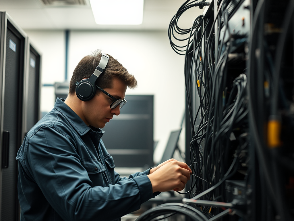 A focused technician wearing headphones works on wiring in a server room filled with equipment and cables.