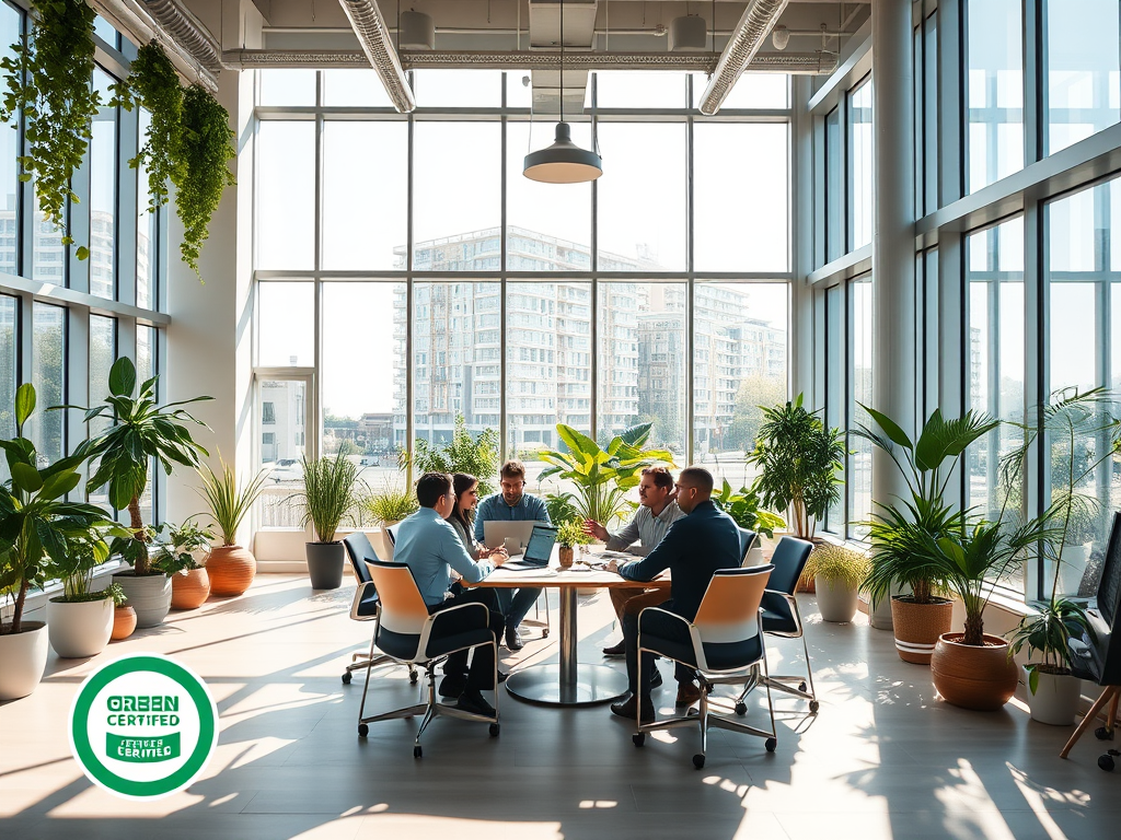 A group of five people meeting around a table in a bright, plant-filled room with large windows.