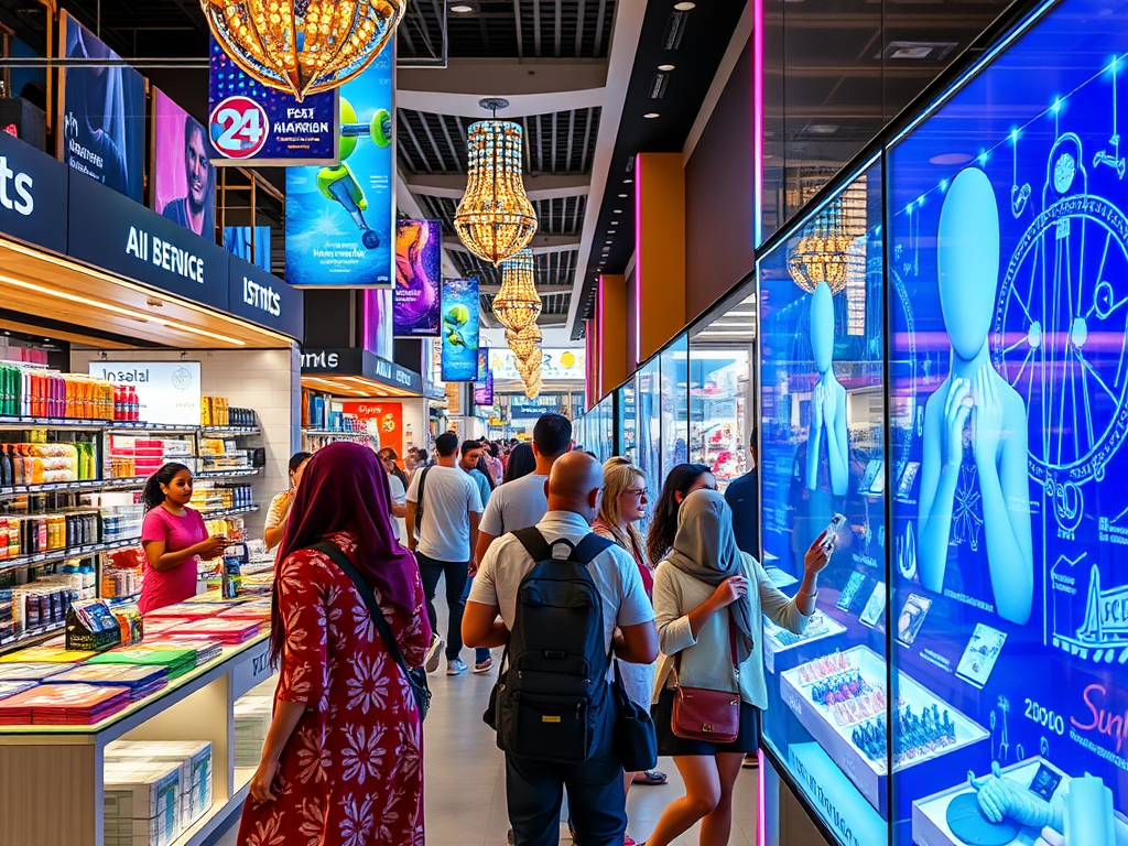 A busy retail space with shoppers, bright displays, and large screens showcasing trendy products and digital art.