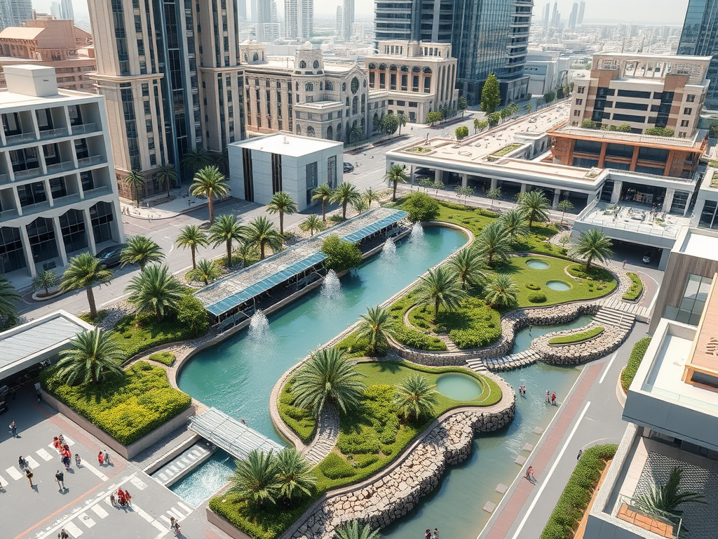 Aerial view of a lush, landscaped area with a winding waterway, palm trees, and people walking along pathways.