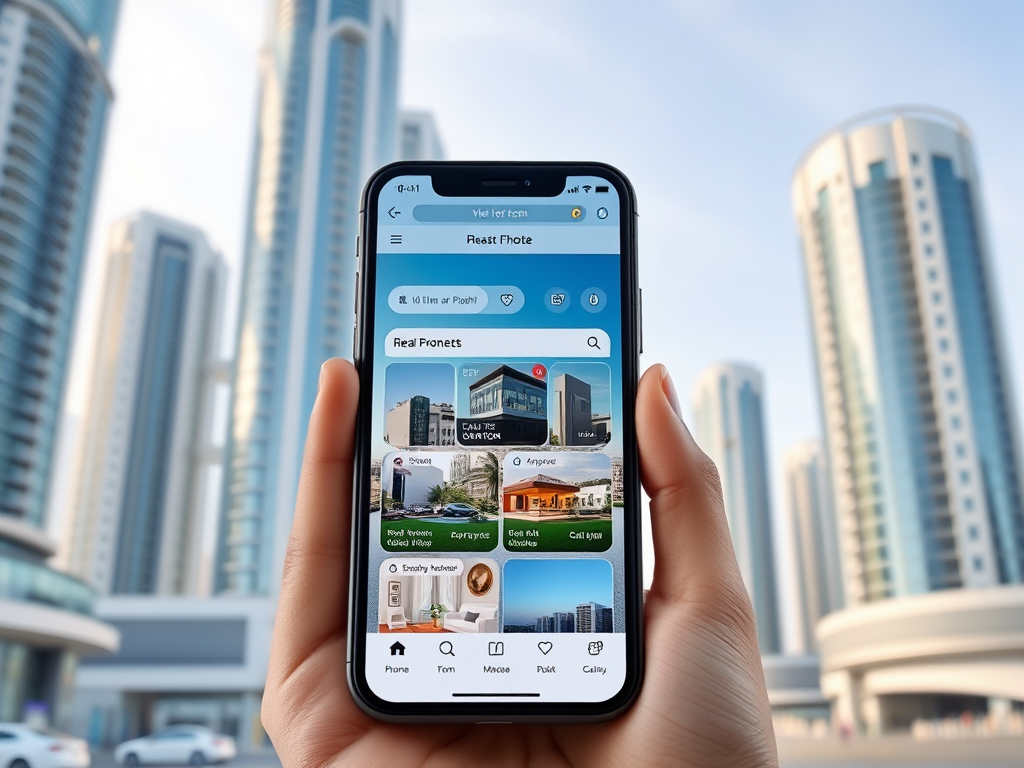 A person holds a smartphone displaying a real estate app with modern buildings in the background.