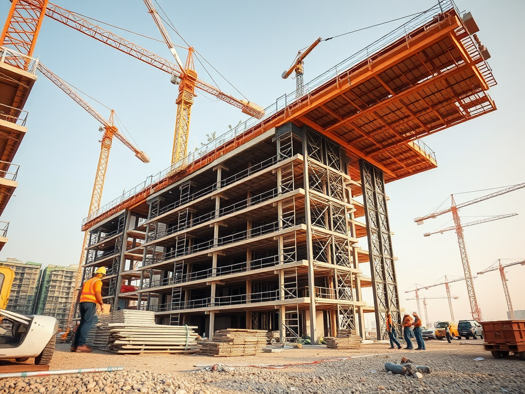 Construction site featuring a multi-story building with cranes and workers handling materials under a clear sky.