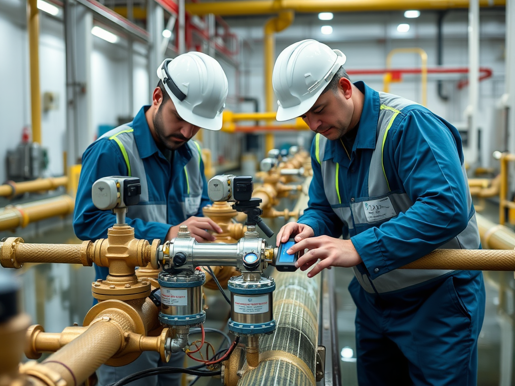 Two workers in hard hats and blue uniforms are inspecting valves and gauges in an industrial facility.